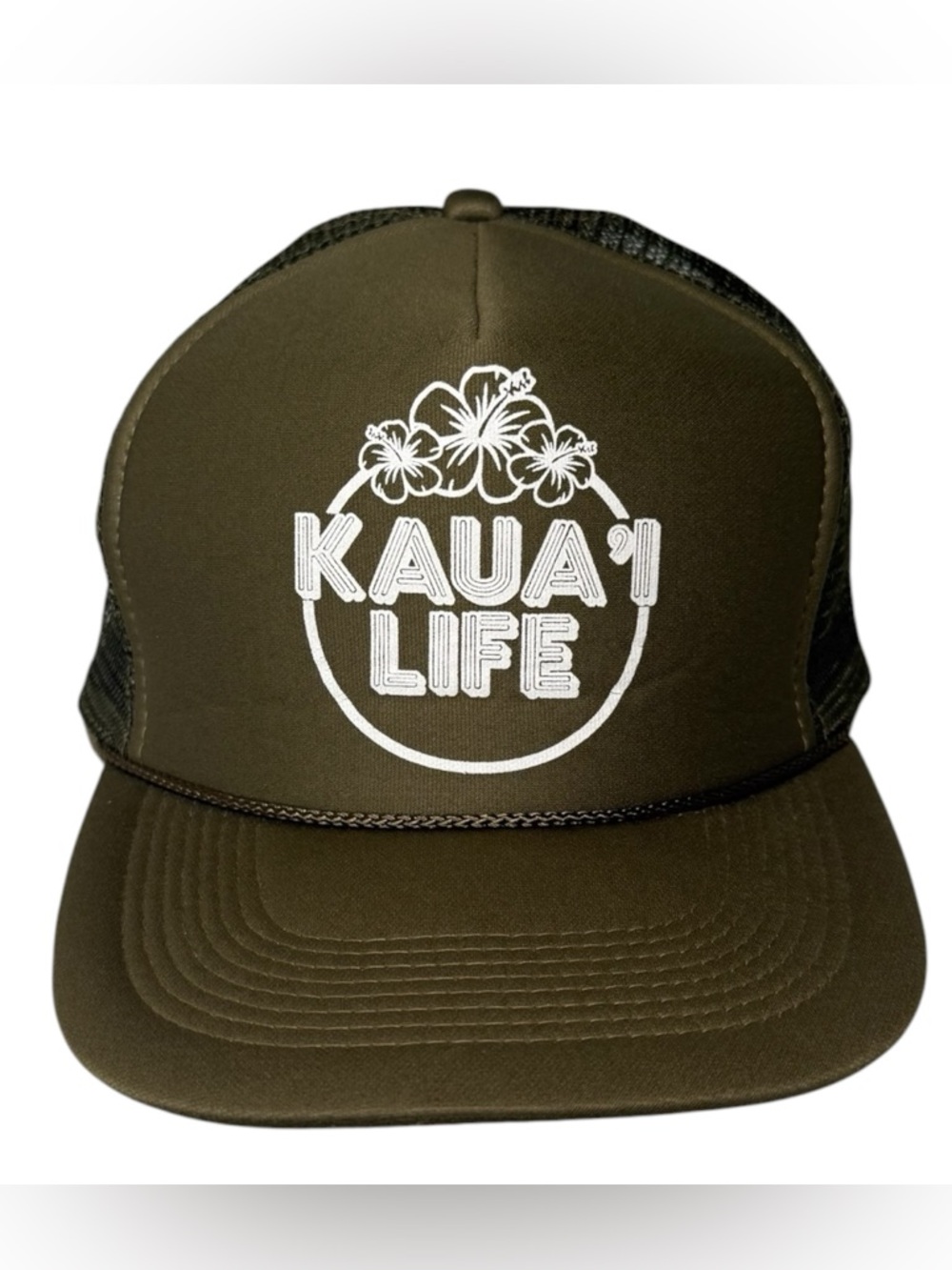 Kauai Life Hawaii Trucker Hat Olive Green Mesh Snapback Beach Surf Cap